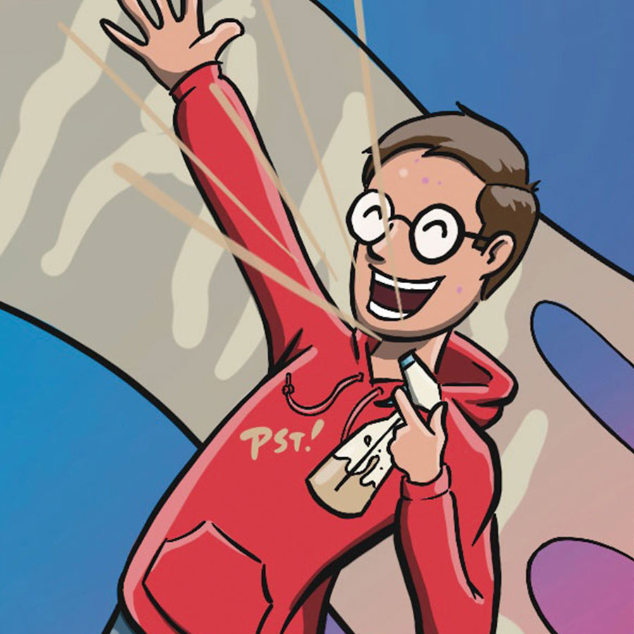 An illustration of a boy spraying himself with vanilla