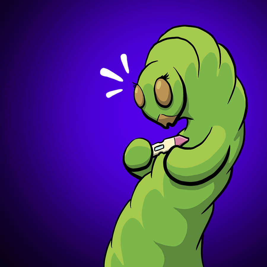 A drawing of a caterpillar checking a pregnancy test