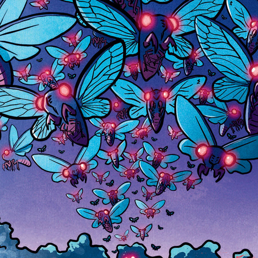 An illustration of swarm of cicadas with glowing eyes fill the night sky