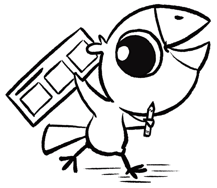A black and white illustration of a cute, large-headed bird holding a comic strip and a pencil