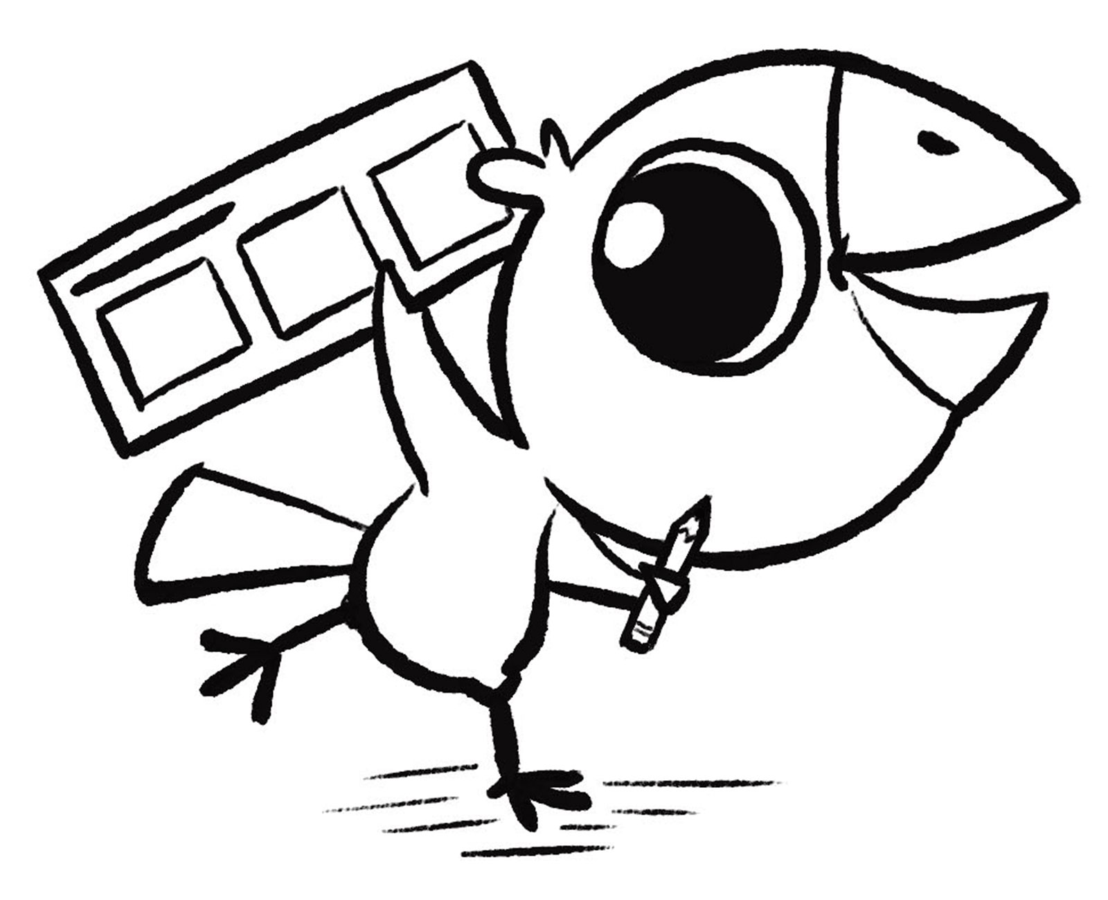 A cute bird holds a comic strip and a pencil