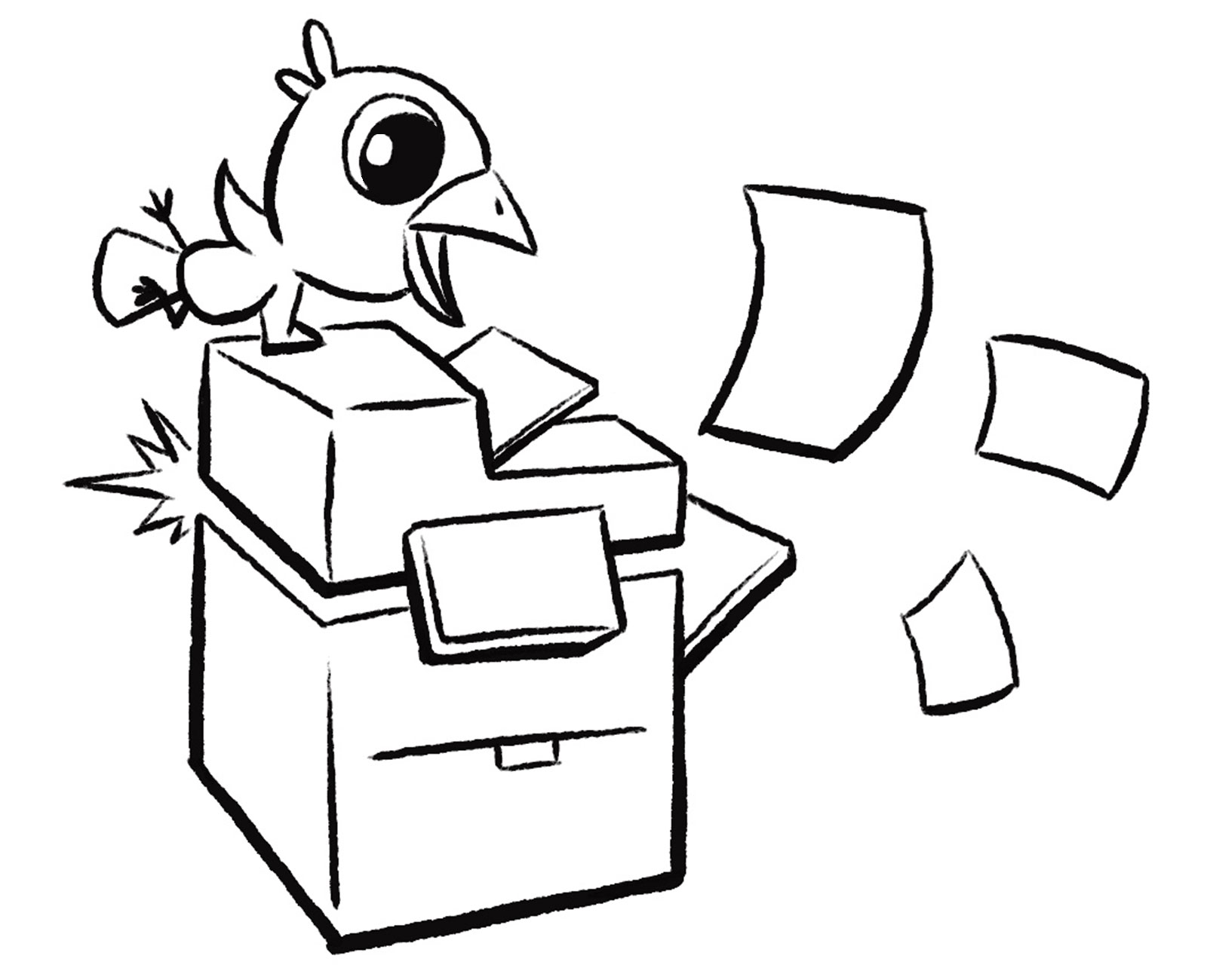 A bird uses a copy machine to make copies of a comic