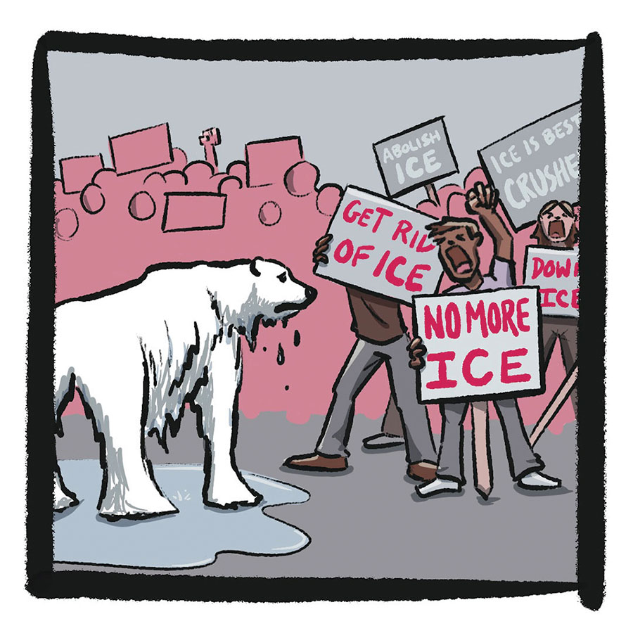 An illustration of a sad and confused polar bear looking at ICE protestors