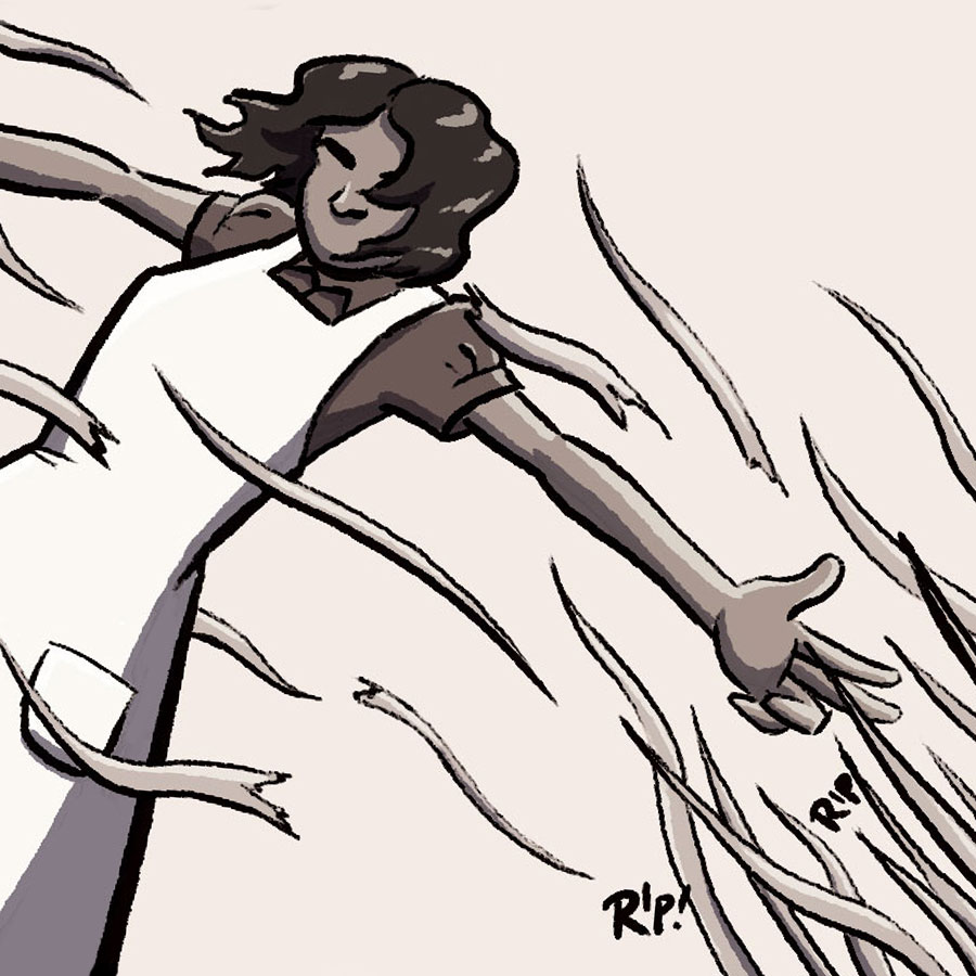 A black and white illustration of a woman summoning grass