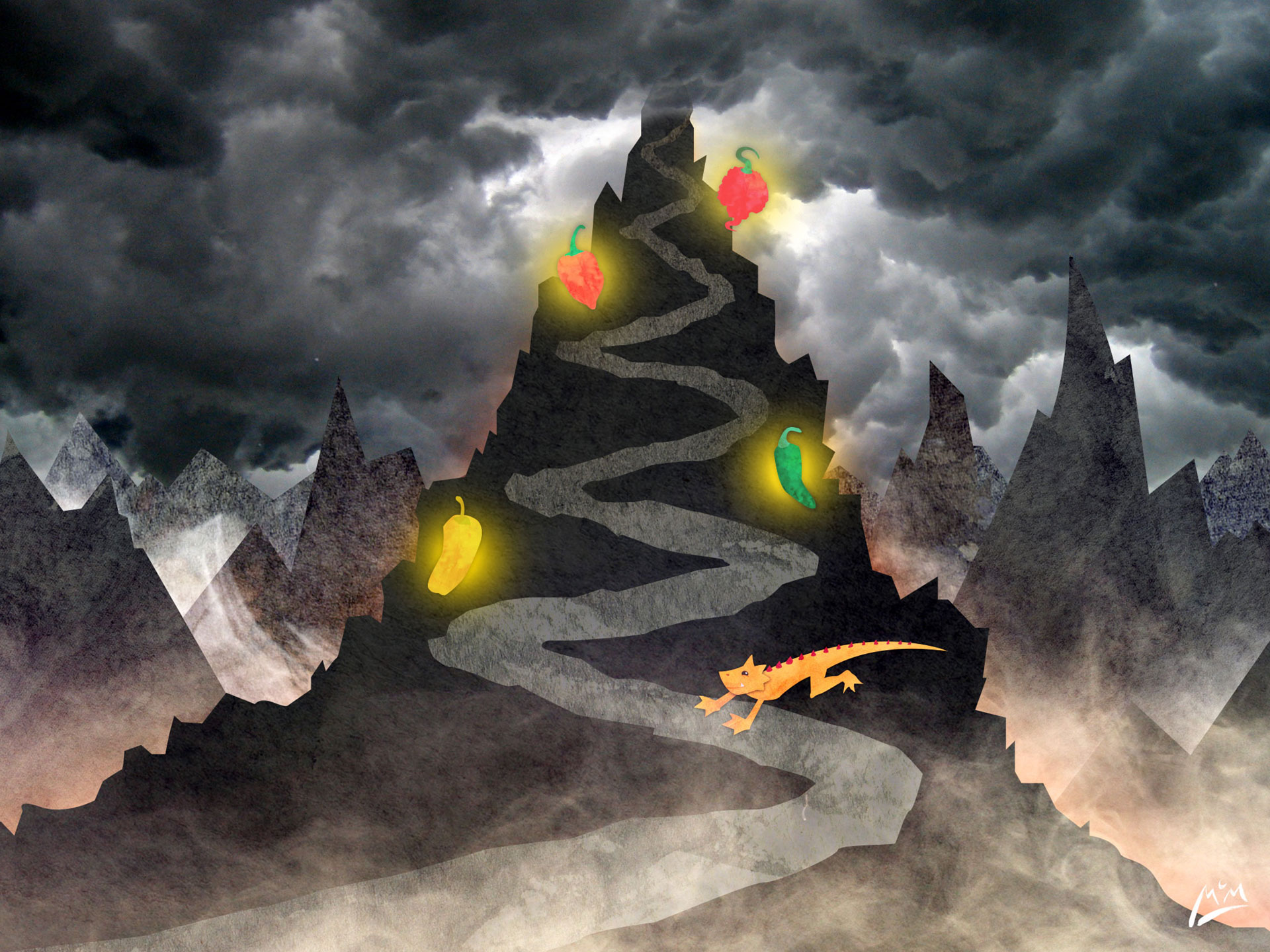 the yellow dragon ascends a path up the black mountain with floating peppers at every turn
