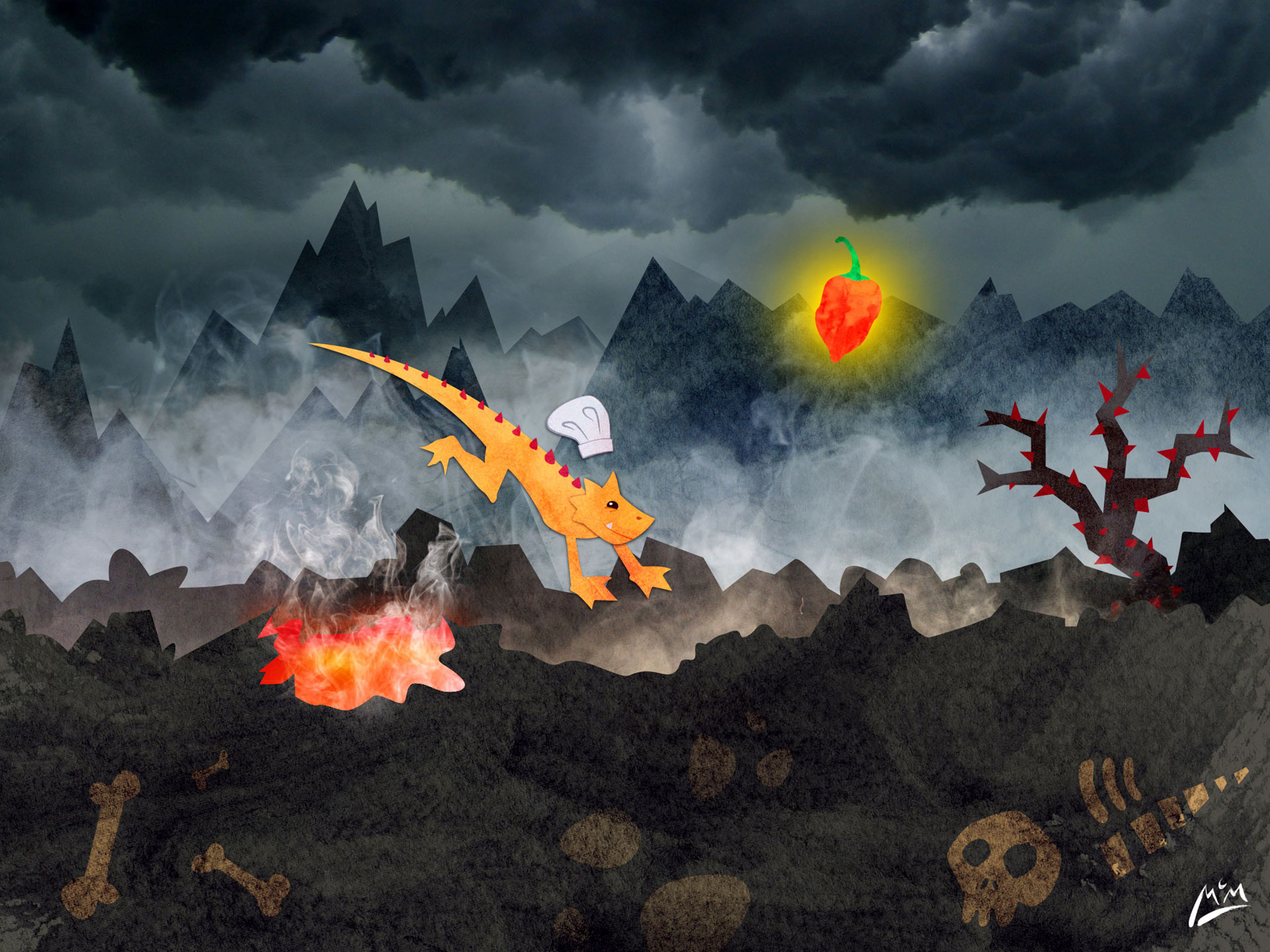 a cute yellow dragon with a chef's hat hops over a barren landscape with lava, bones, and hot peppers