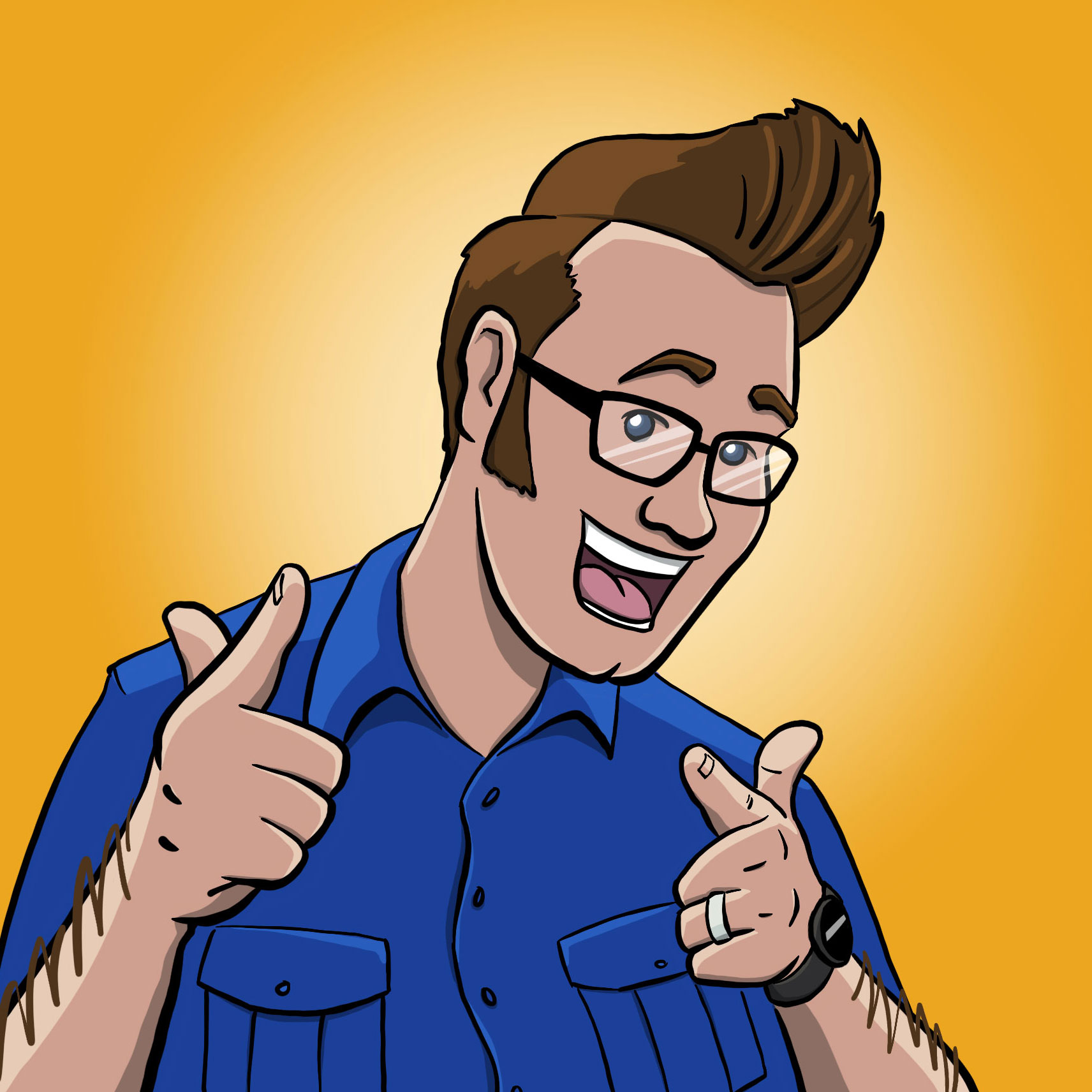 An illustration of Roger McMullan, smiling and pointing