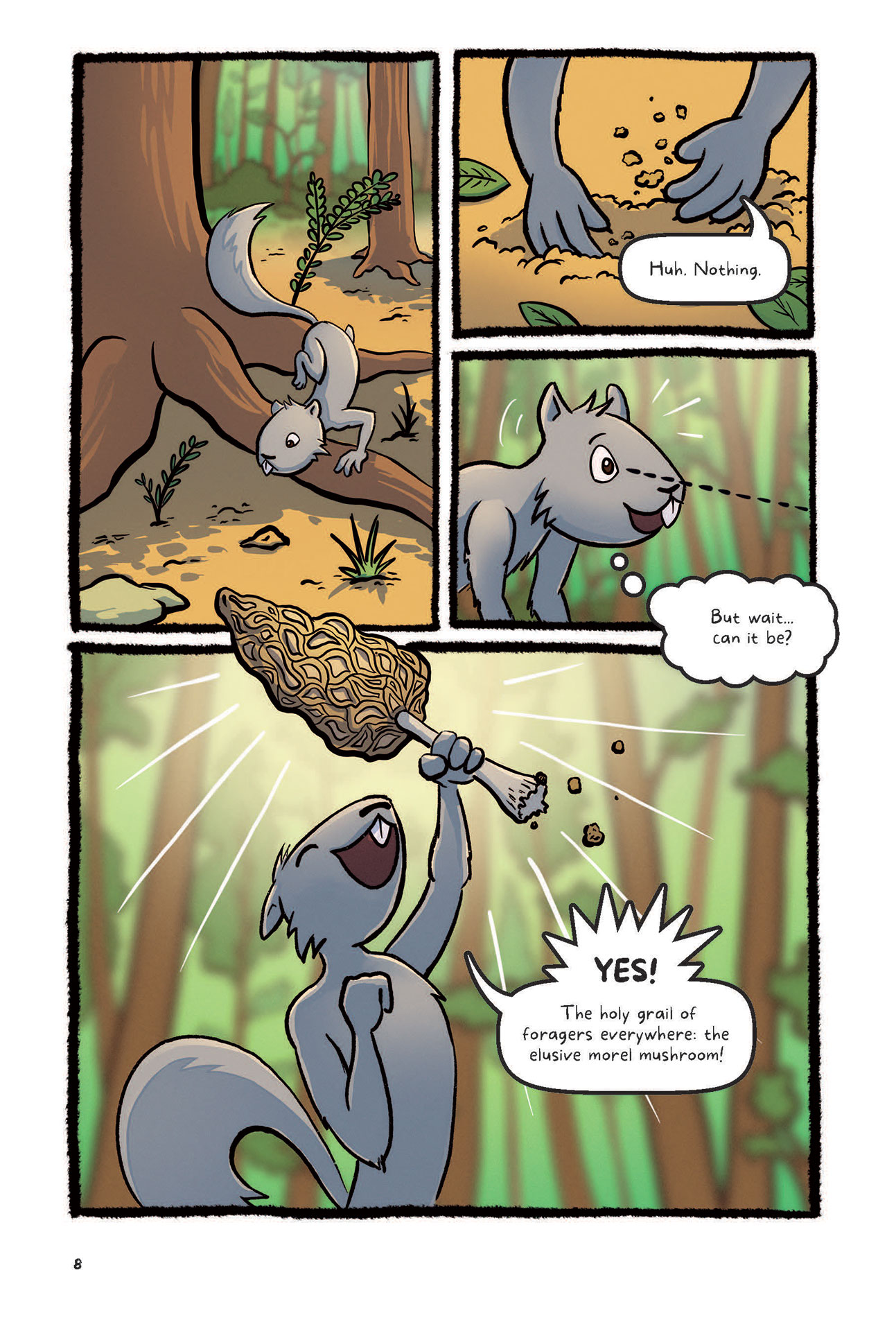 sample page - a squirrel find a morel mushroom