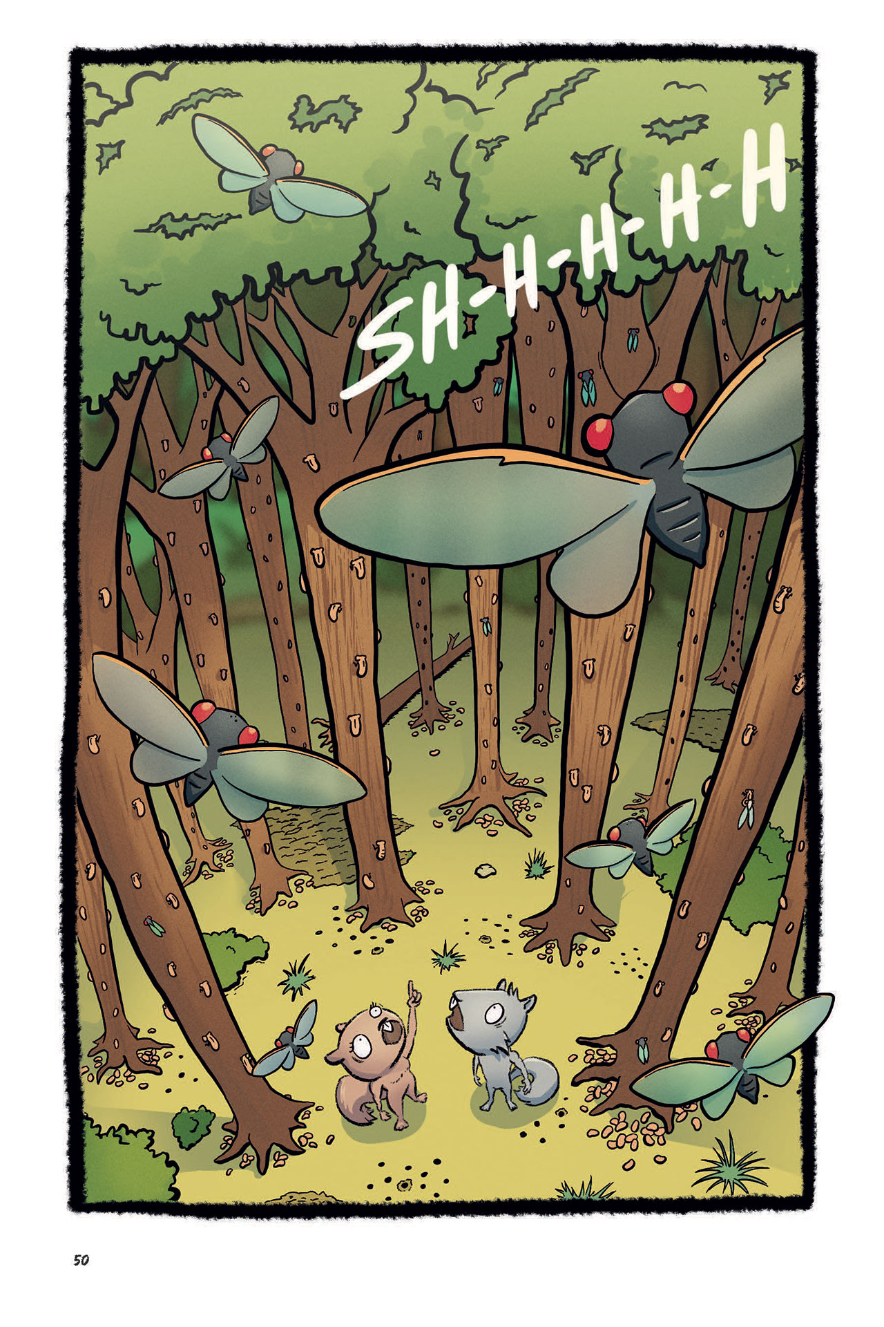 Sample page from the graphic novel Cicadapocalypse - the forest is full of red-eyed cicadas