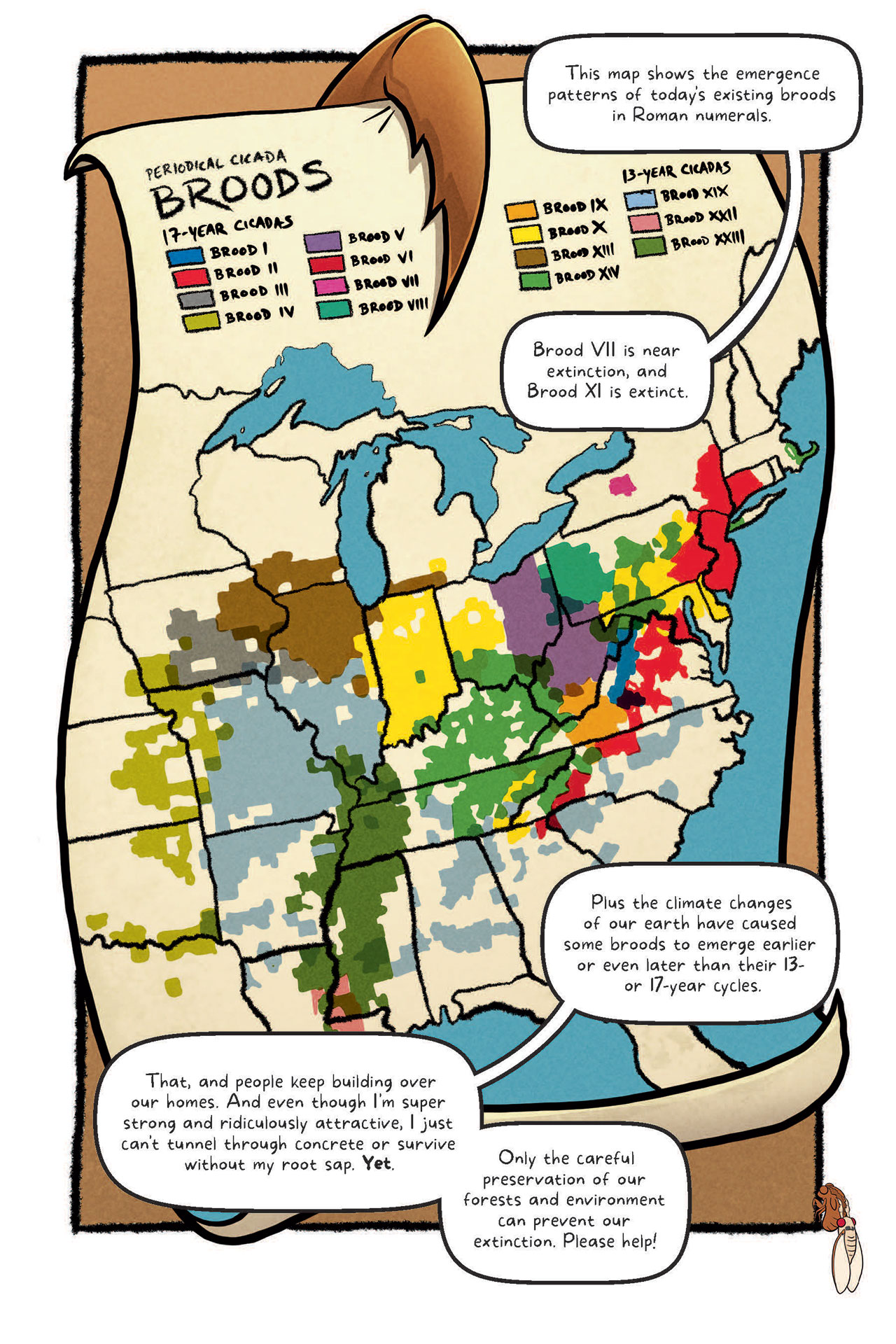 Sample page from the graphic novel Cicadapocalypse - a map of periodical cicada broods