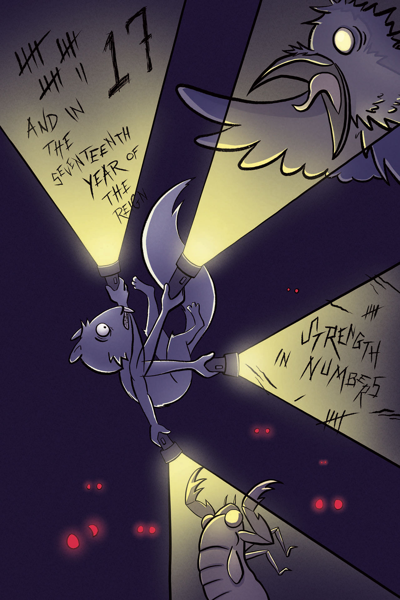 sample page - a squirrel shines a flashlight onto various scenes