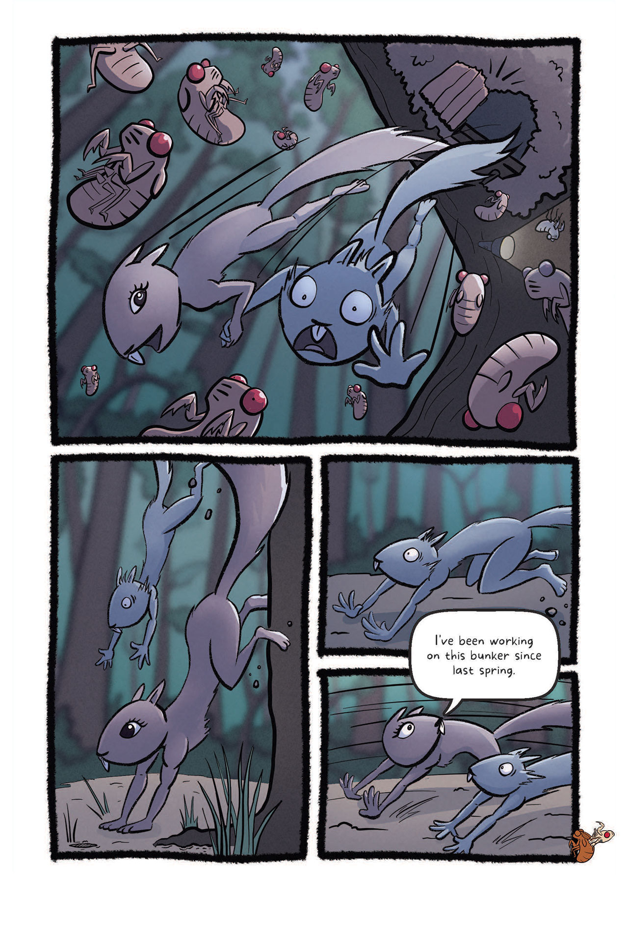sample page - squirrels flee from cicadas