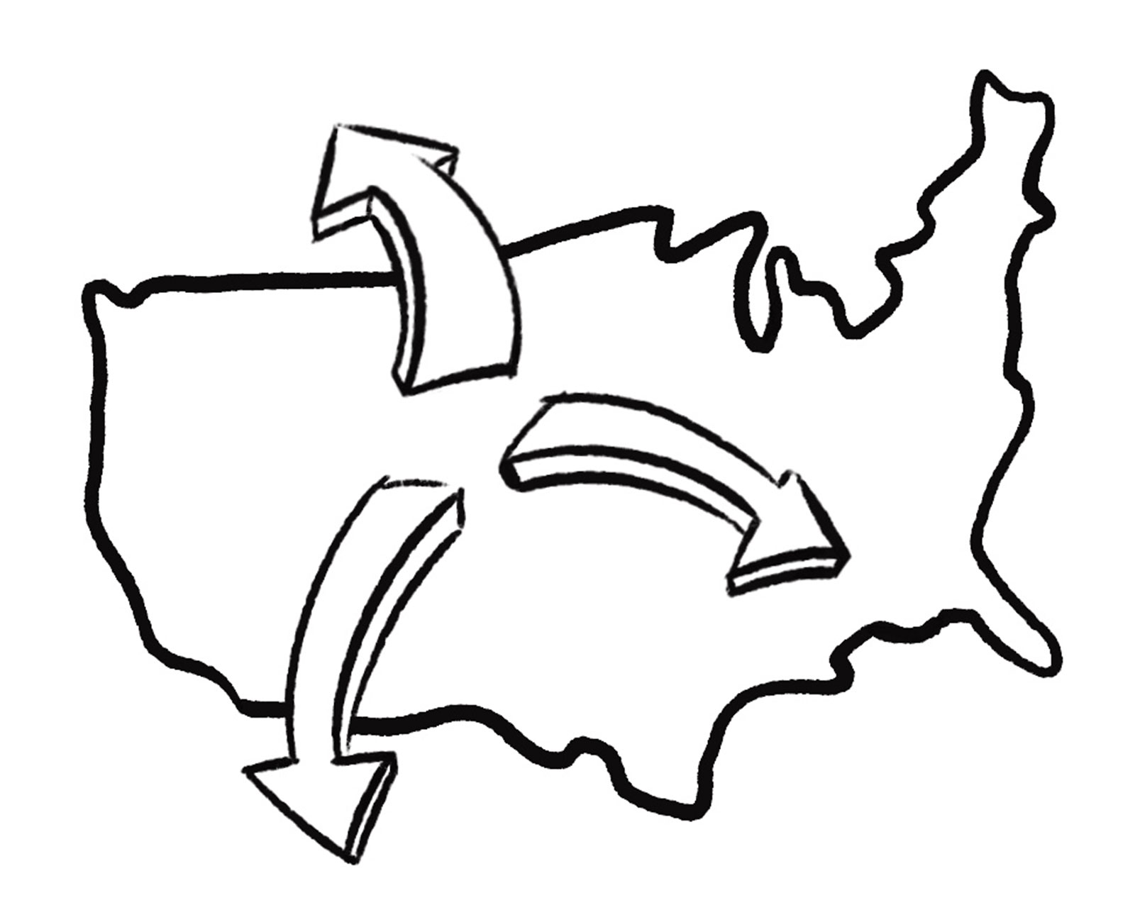 Arrows pointing out from a central location in the United States