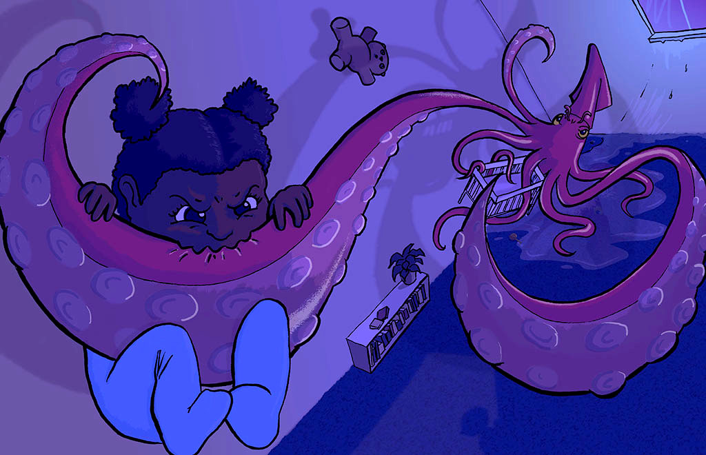 a baby bites into a giant squid arm as it climbs over her crib