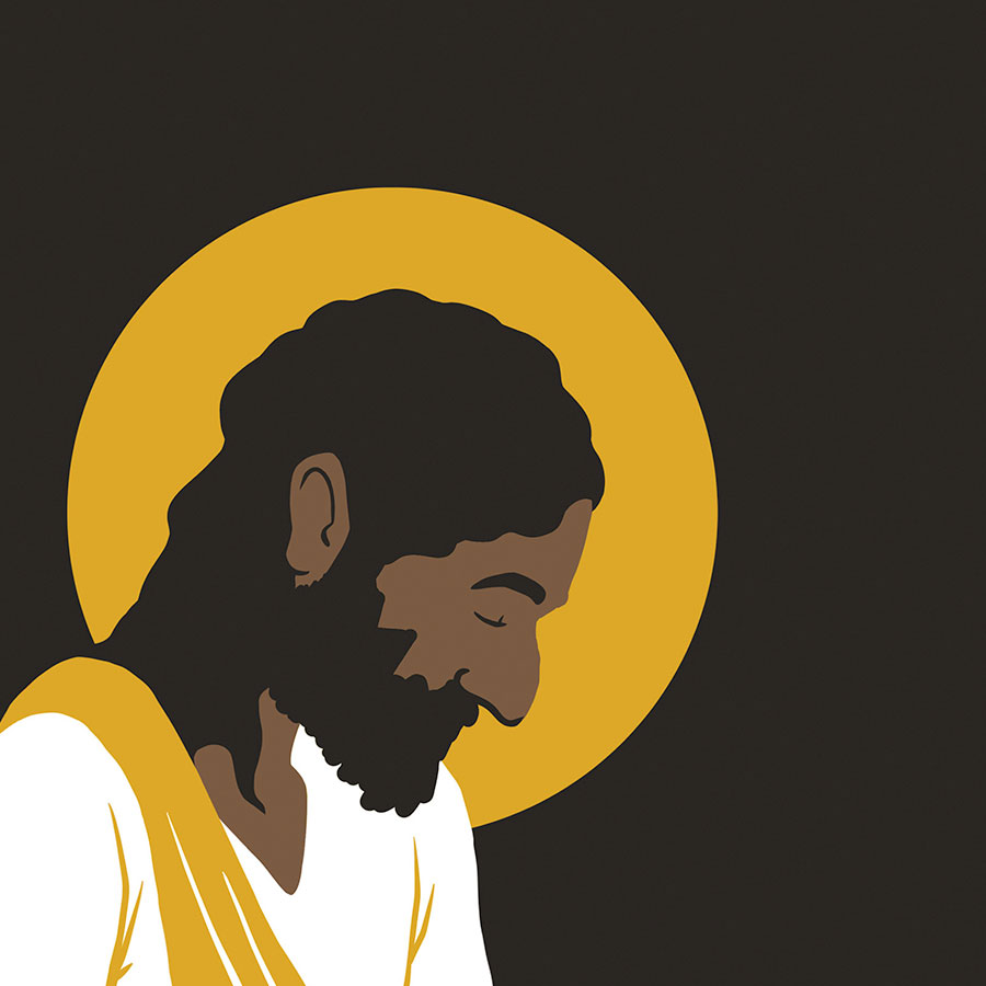 An illustration of Jesus washing dishes with a halo
