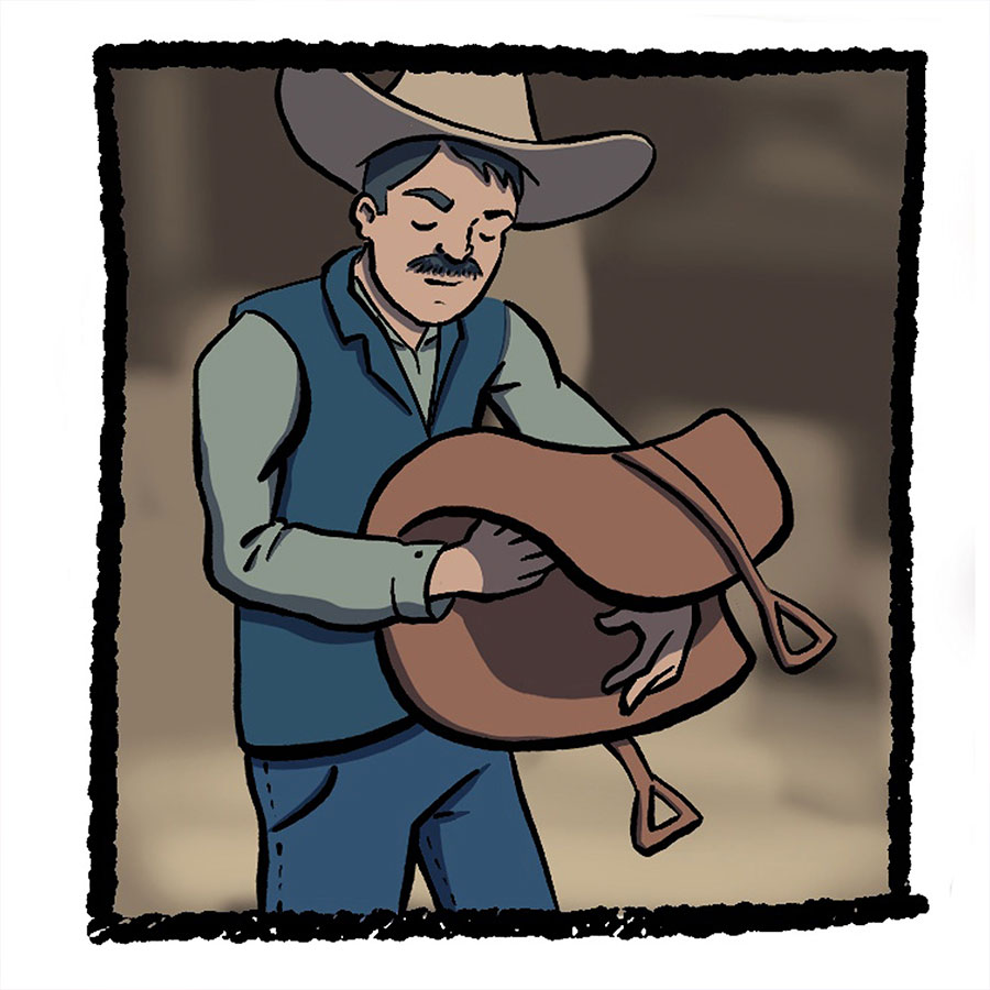 An illustration of a man with a mustache carrying a saddle