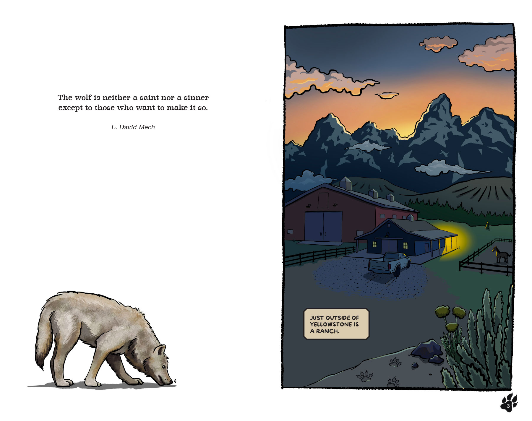 intro pages showing a wolf and an image of a ranch near a mountain range