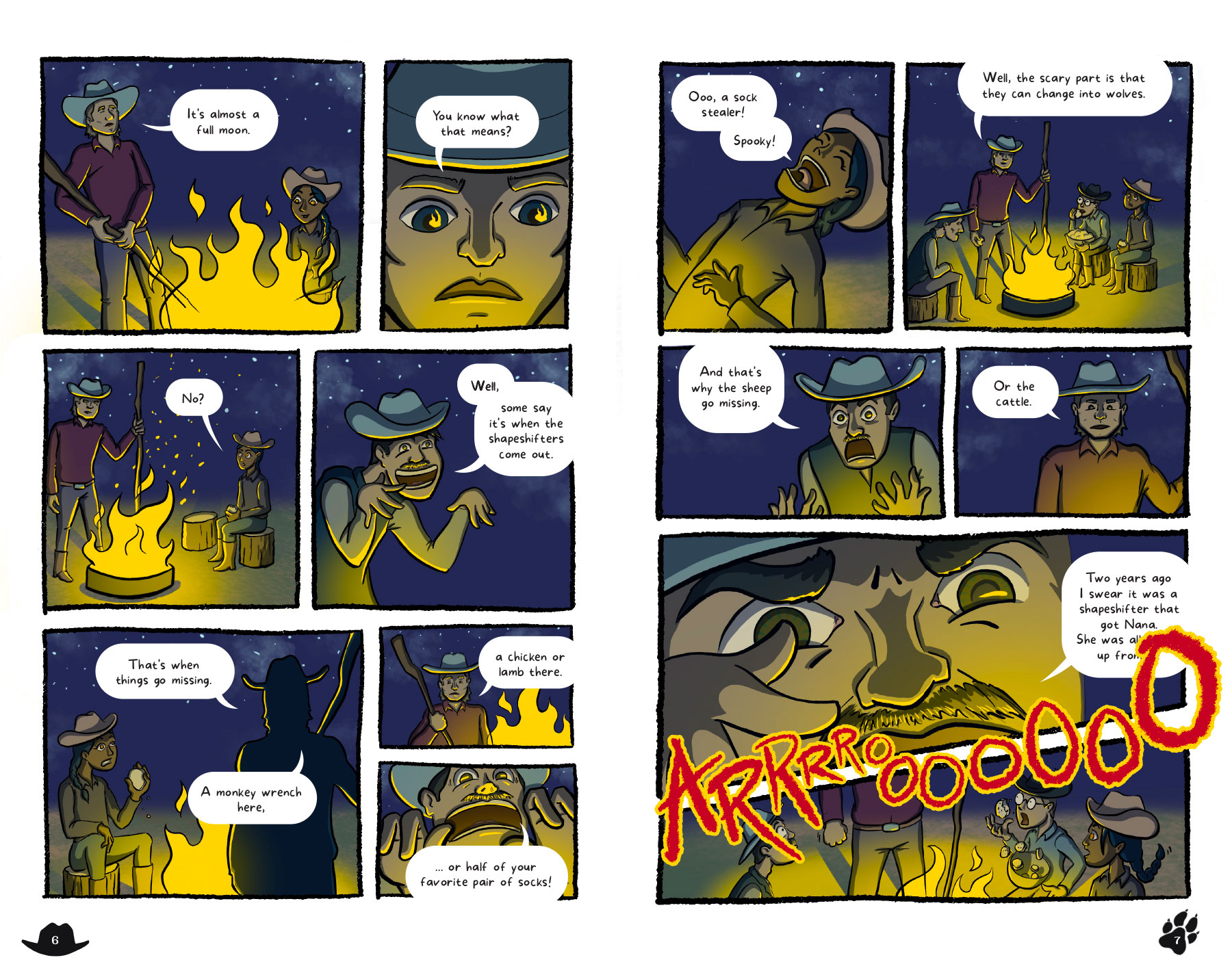 the family tells a spooky tale about shapeshifters that turn into wolves, then they hear a howl