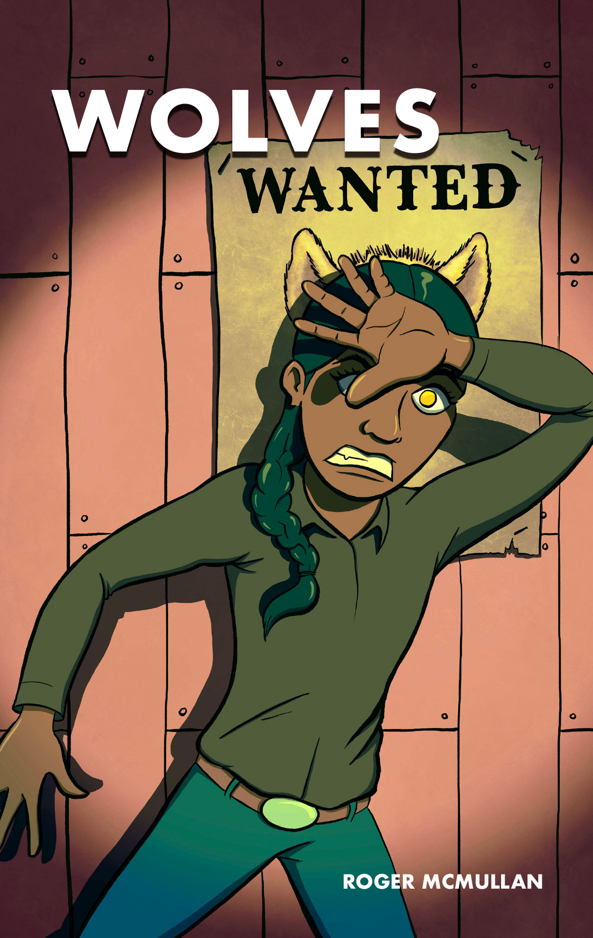 cover art for Wolves Wanted shows a girl shielding her face from a bright light