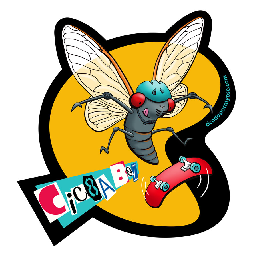 sticker design of a periodical cicada doing a kickflip on a skateboard. It says "cic8aboi" on the side - a parody of Avril Lavign's song, "sk8er boi"