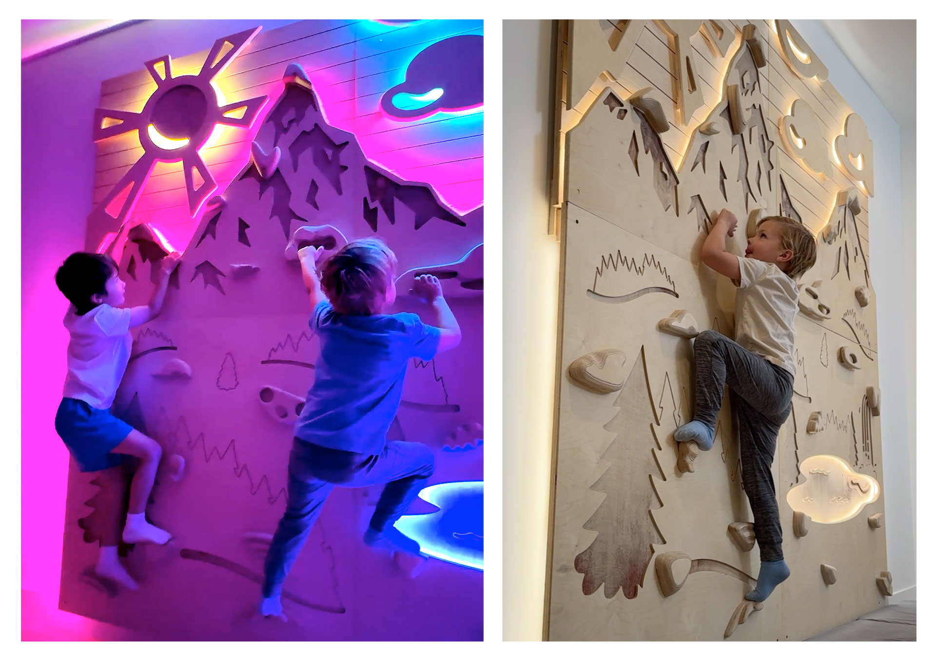 two children climb an illuminated wooden wall made of wood and shaped like a mountain scene