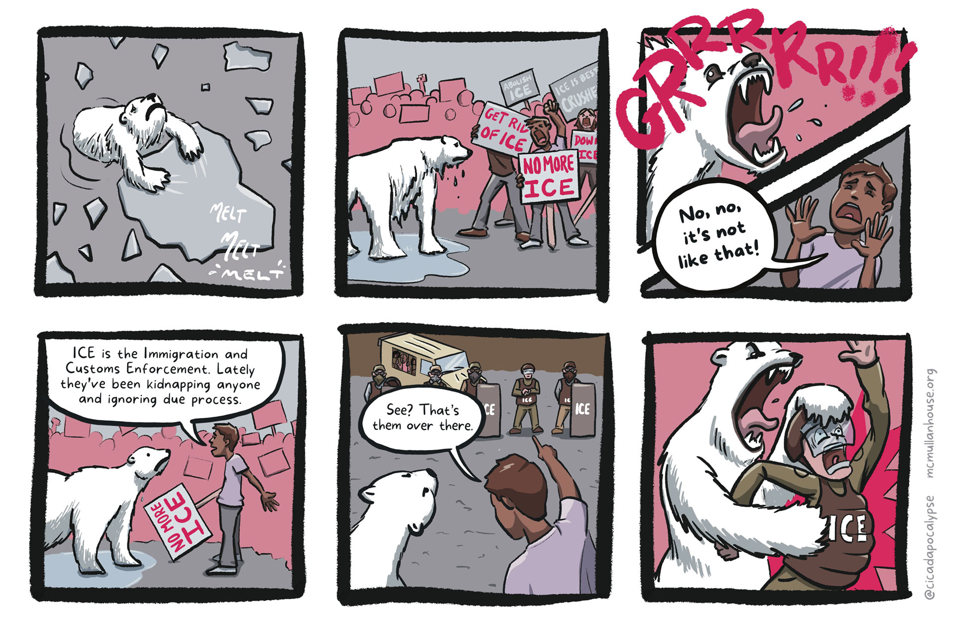 a comic that shows a polar bear's reaction to ICE
