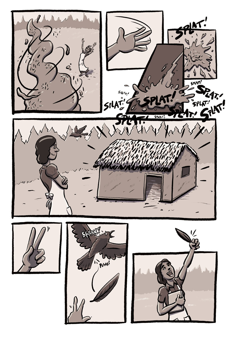 page 4 - the woman builds a wooden home covered in mud and straw