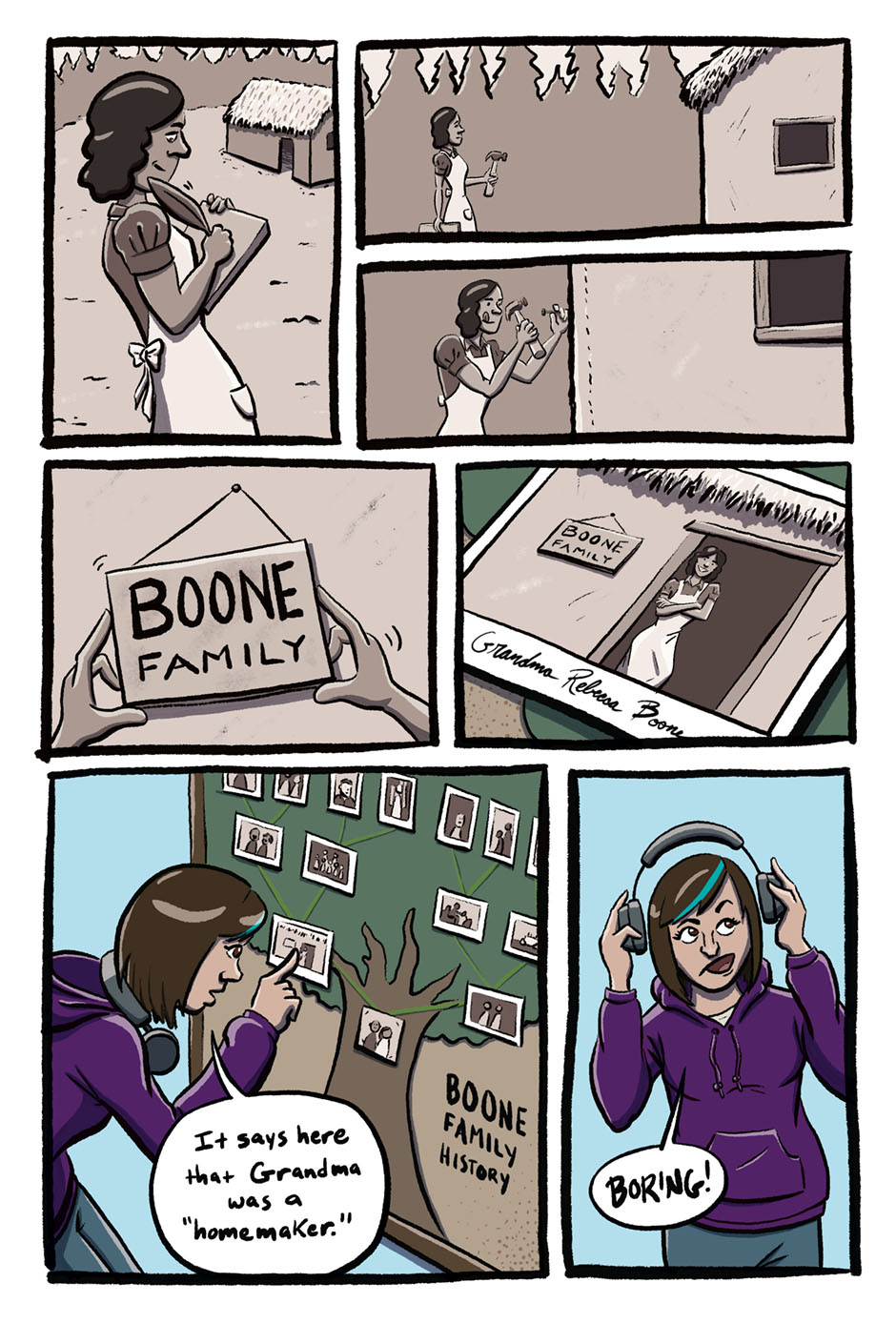 page 5 - the woman is seen in an old photo as a teenager remarks about how boring it is that she was a homemaker