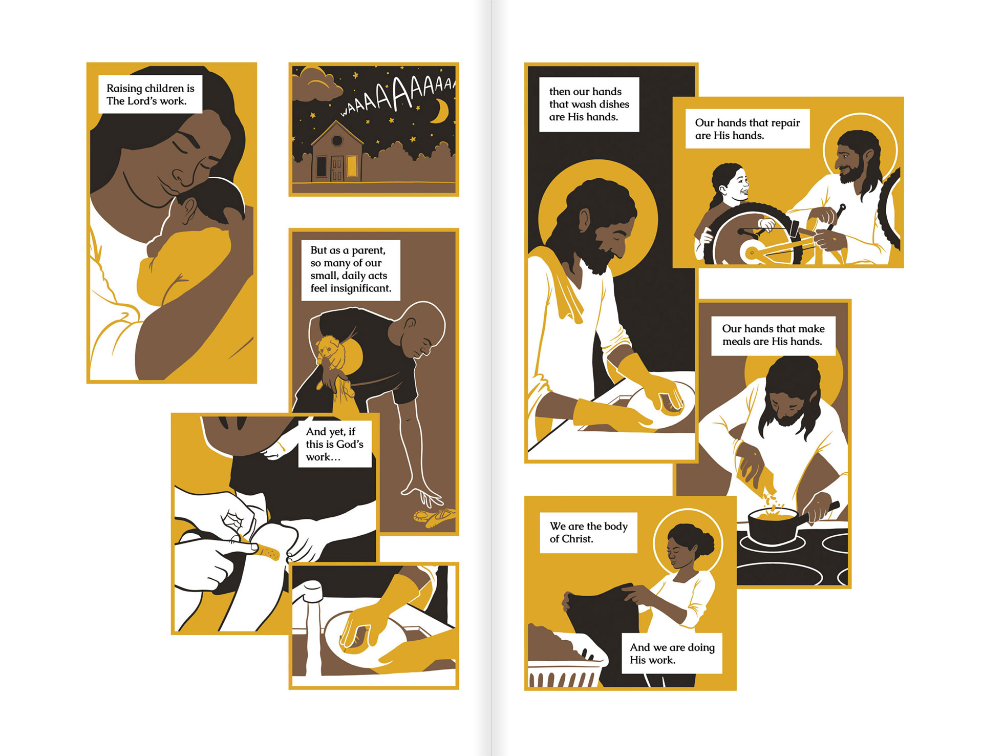 a yellow, brown, and black comic that describes how parents are an extension of Jesus Christ